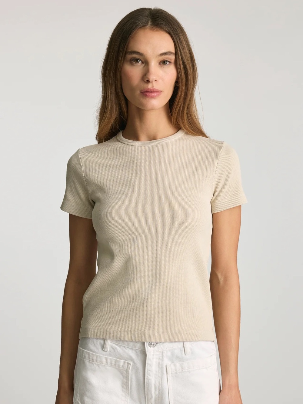 NWT Old Navy Snug Ribbed Short Sleeve Crewneck T-Shirt Beige Greige -Size XS